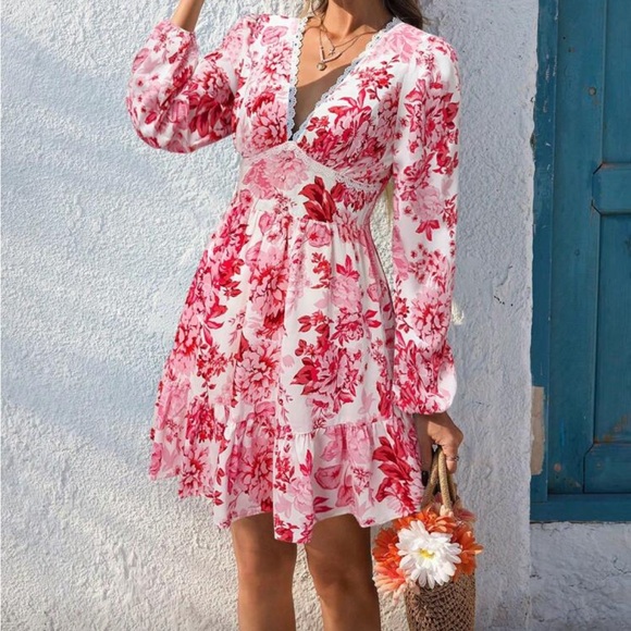 Boho Floral Print Plunge V-neck Long Sleeve Mini Dress - Picture 11 of 16